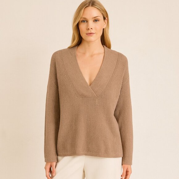 Banana Republic Italian Wool Cashmere Ribbed Knit V-Neck Sweater Beige S - Picture 1 of 7